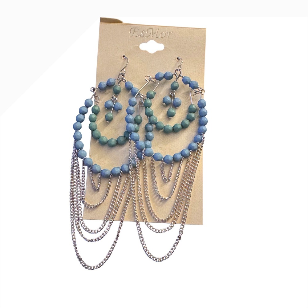 NWT EsMor Boho Beaded Chandelier Earrings Blue Teal Silver Chain Fringe Drop